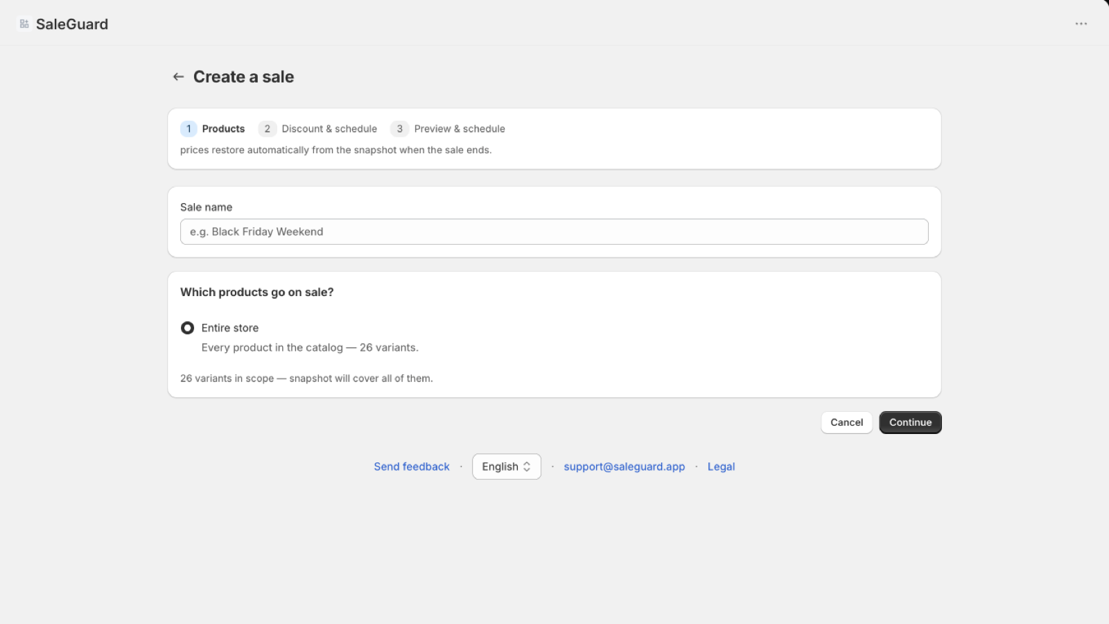 SaleGuard create sale workflow with scope and scheduling controls
