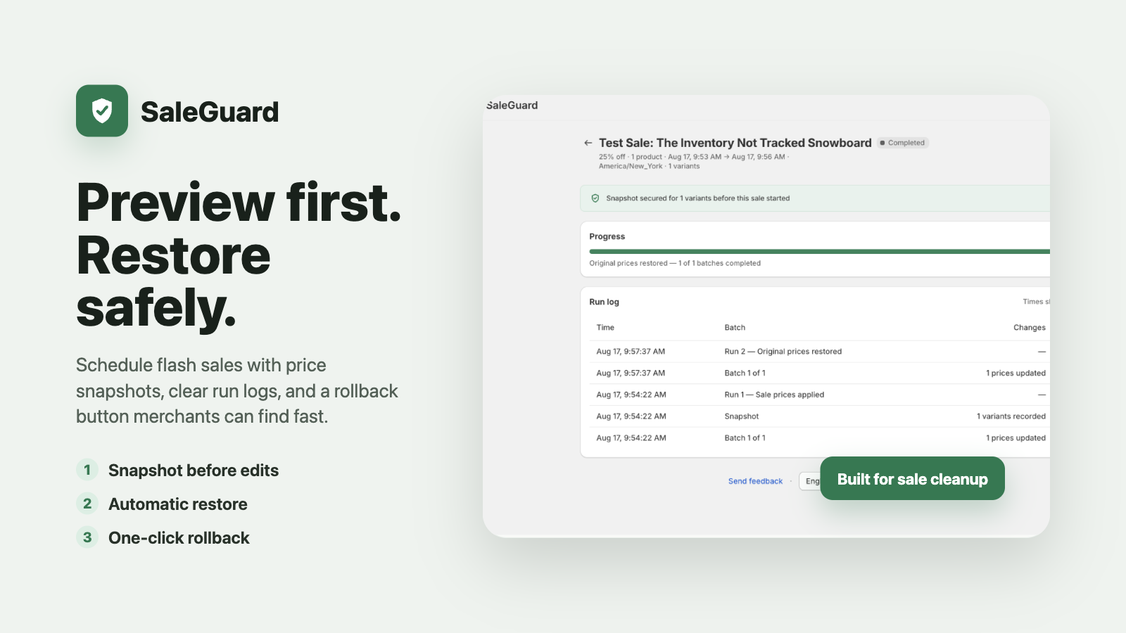 SaleGuard dry-run price preview and restore workflow
